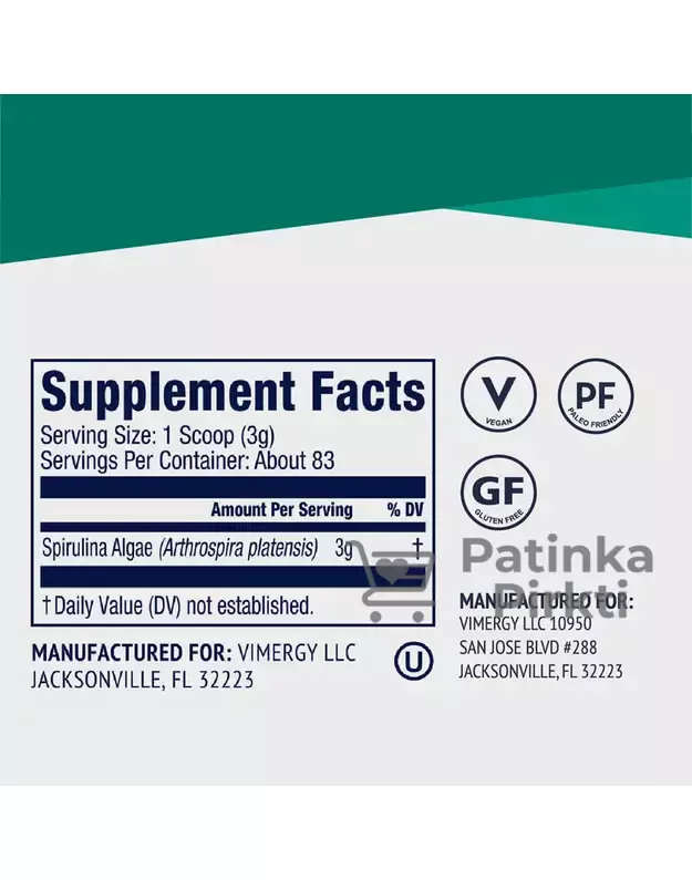 Spirulina milteliai (JAV), Vimergy, 250g 3