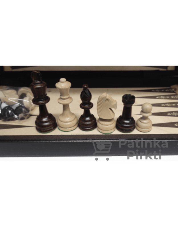 Šachmatai + šaškės + nardai, rankų darbo, mediniai, karaliaus aukštis 76mm, lenta 410x410mm, Staunton CH-141