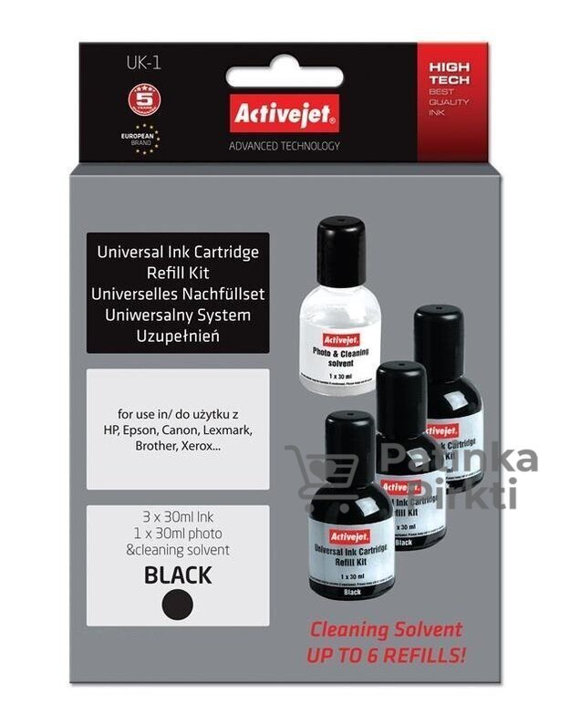 Kasetė rašaliniams spausdintuvams Universalus pildymo rašalas ActiveJet UK-1 Juoda (3x30ml)