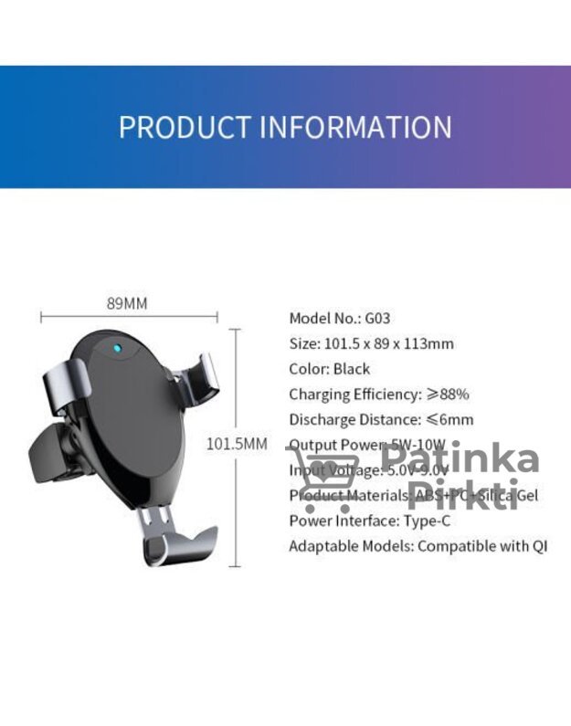 Automobilinis telefono laikiklis telefonui su belaidžiu krovikliu 2in1 10W Wireless Charger Kit G03 QI