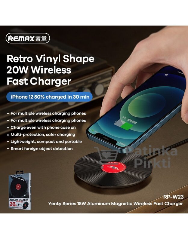 Kroviklis telefonui su belaidžiu krovikliu Vinilinės plokštelės stiliaus, 20W Wireless Charger Vinyl Series REMAX RP-W23