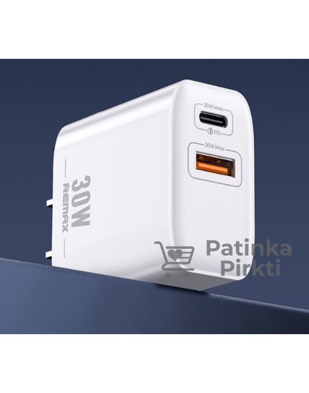 Kroviklis 30W USB-C (TYPE-C), USB 2in1 išmaniam telefonui iPhone 12, 13, Samsung, Huawei ir kt. REMAX RP-U82