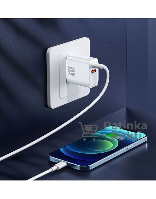 Kroviklis 30W USB-C (TYPE-C), USB 2in1 išmaniam telefonui iPhone 12, 13, Samsung, Huawei ir kt. REMAX RP-U82