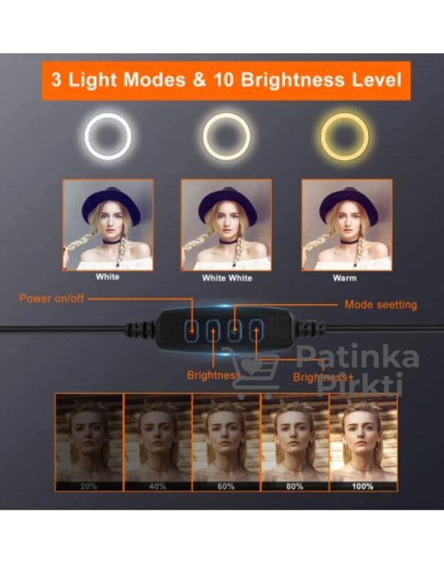 Asmenukių reguliuojamo aukščio stovas iki 2,0 m su su žiedine RING LED lempa 3000K - 4000K - 5600K ir intensyvumo reguliatoriumi