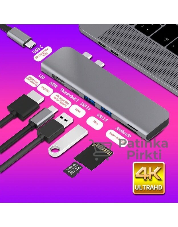 Šakotuvas-adapteris 7 in 1 (TF, SD Reader, USB 3.1 Type-C Hub, HDMI, 4K Thunderbolt 3, USB C, RJ45)  tinkama MacBook Pro / Air 2018 - 2020 m.