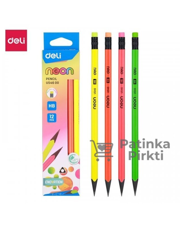 Grafitinis pieštukas Deli Neon U54600, HB, neoninių spalvų, su trintuku