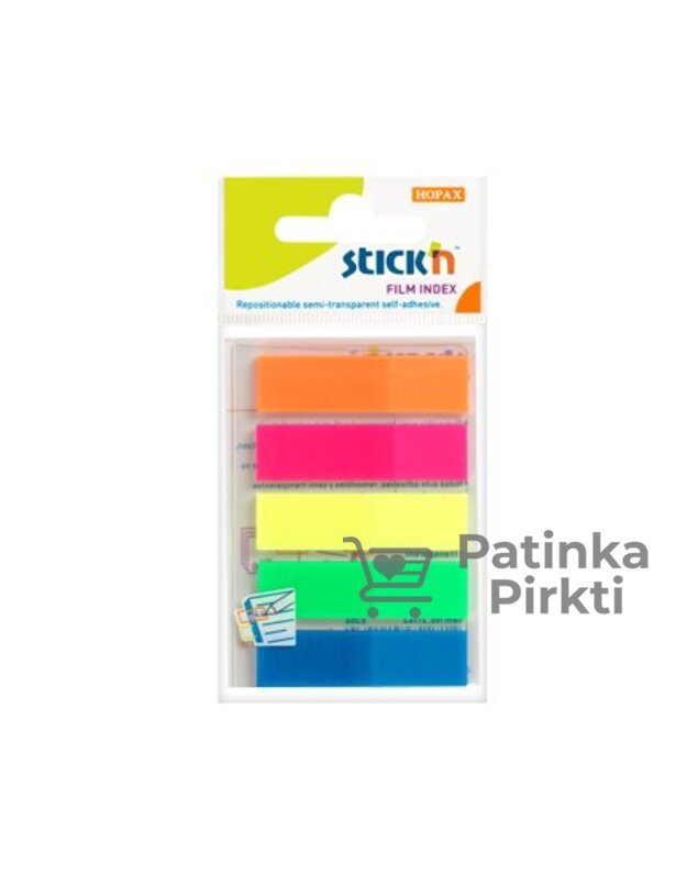 Plastikiniai žymekliai Stick´N 21050, 45x12mm, 5 ryškios spalvos po 25vnt.